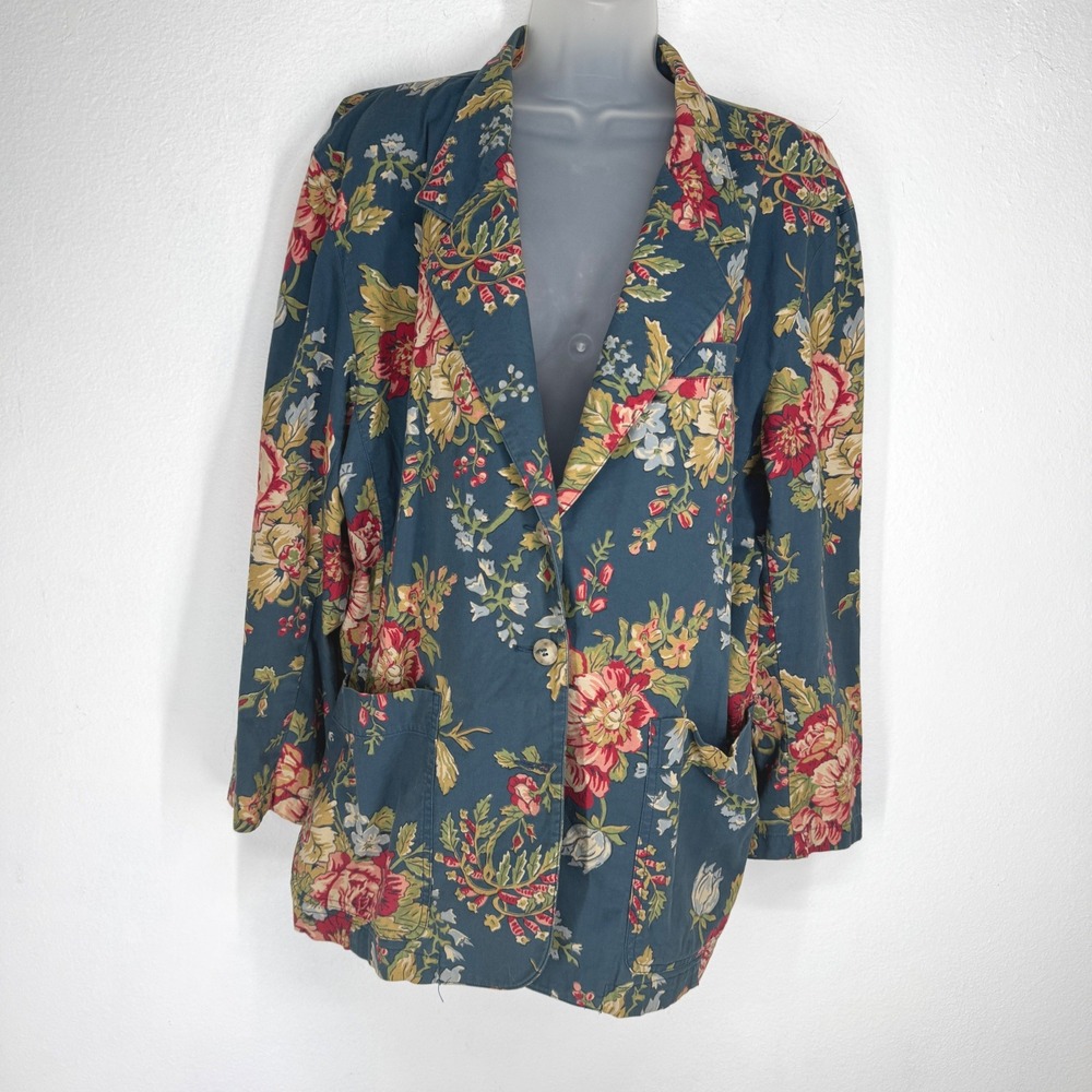 Lizsport Womens Vintage Floral Cotton Oversized Blazer Size L Cottagecore Layer